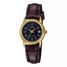 Reloj Casio Ltp-v002gl-1budf Mujer 100% Original Color De La Correa Marrón Color Del Bisel Oro Color Del Fondo Negro