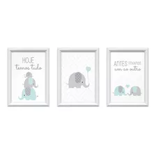 Kit 3 Quadros Decorativos Familia Elefantes 24x34cm Infantil Cor Azul Cor Da Armação Branco