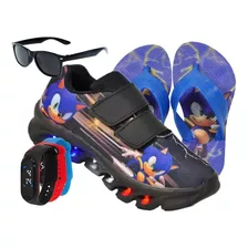 Tênis Infantil Led Sonic Luzinha + Chinelo Óculos Relógio