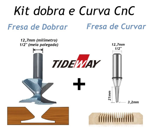 Kit Fresa Em V P/ Cnc Curvar + Fresa R30 Dobra Mdf Haste 1/2