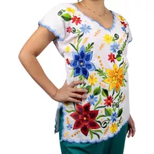 Blusa Blanca De Lino Bordada Yucateca A Mano Con Flores