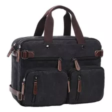 Bolsa Transversal Tiracolo Masculina Para Notebook 15.6 De Lona E Couro Resistente Com Alça De Ombro Carteiro Mensageiro Cor Preto Desenho Do Tecido Liso