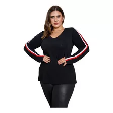 Blusa Feminina Manga Longa Com Detalhes Listrados Em Visco