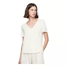 Blusa Alongada Decote V Em Viscose Off White Dzarm