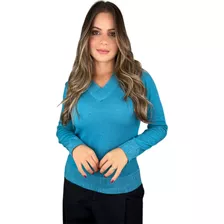 Blusa Trico Básica Decote Gola V Sueter Feminino Liso