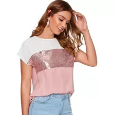 Hermosa Blusa Casual Para Dama, Rosa Con Lentejuelas, Moda