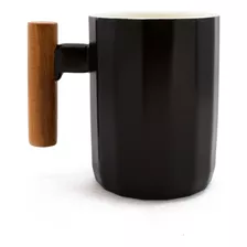 Taza Jarro Mug De Porcelana Negro Nordico Mango Madera