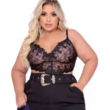 Top Cropped Plus Size Manguinha Rendado Trançado Cordinha