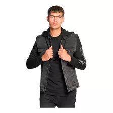 Campera Bross Jean Capucha Bordado Manga Negro