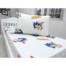 Jogo De Lençol Solteiro E Fronha Sonic, Kit 2pçs Cor Azul Desenho Do Tecido Sonic - Lençol C/ Elastico E Fronha