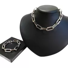 Conjunto Gargantilha Choker Corrente Pulseira Elos Prateado