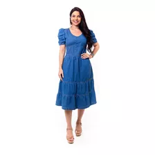 Vestido Jeans Midi Manga Bufante Moda Evangélica S4057