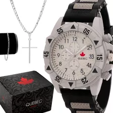 Kit Relógio Masculino Quebec Cinza + Corrente E Pulseira
