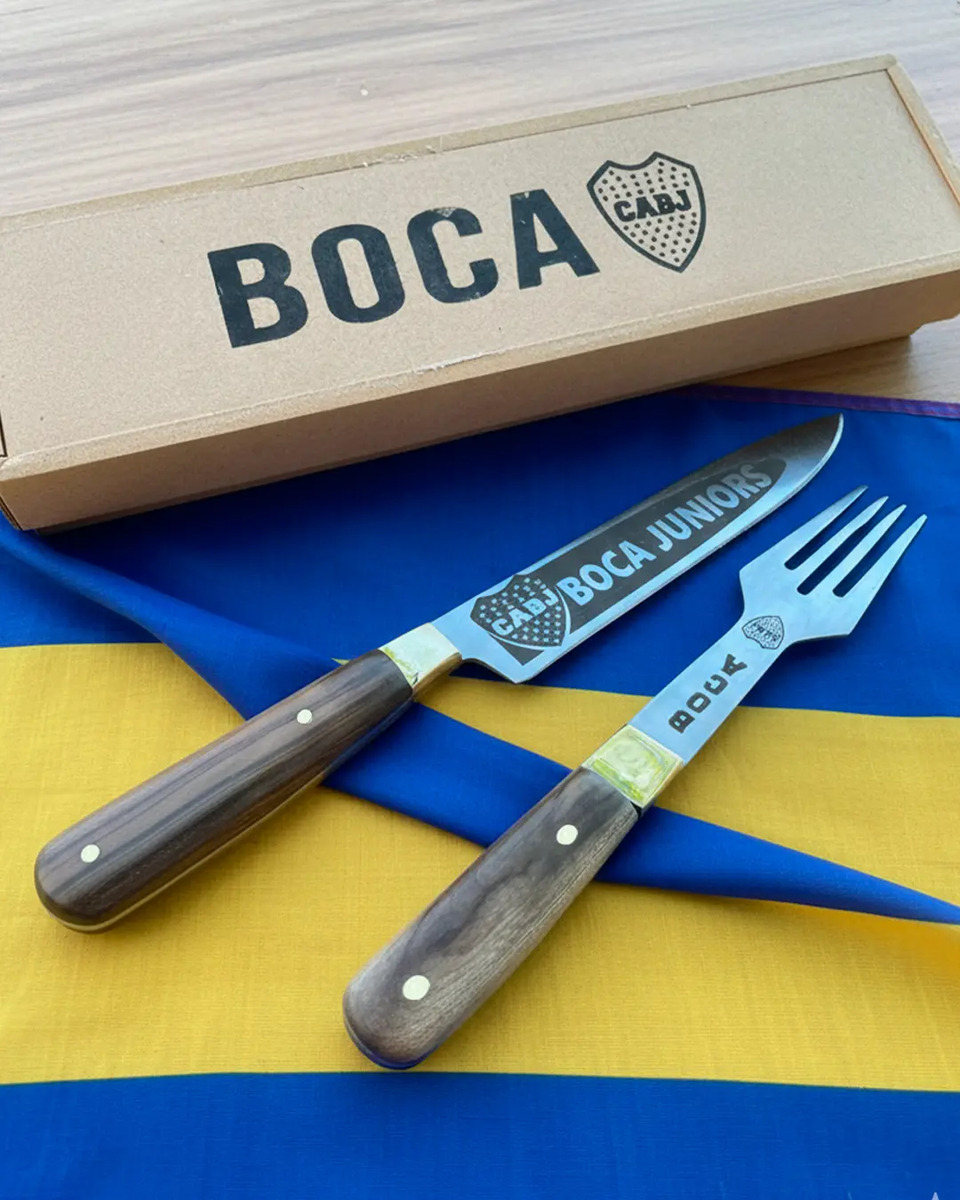 Set Cuchillo Tenedor Artesanal 14cm Grabados Futbol Cacique