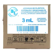 Jeringas 3ml Esteril Sin Aguja Marca Dl C/ 100pz Capacidad En Volumen 3 Cc