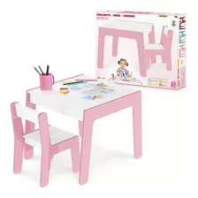 Conjunto De Mesa E Cadeira De Madeira Infantil Rosa Jungee