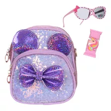 Kit Infantil Menina Com Bolsa E Acessórios Da Moda Brilho Acambamento Dos Ferragens Dourado Cor Lilás Cor Da Correia De Ombro Lilás Desenho Do Tecido Princesa Com Brilho