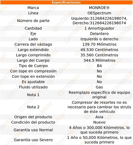 (1) Amortiguador Del Oespectrum Gas Der O Izq Cougar 80/86 Foto 2