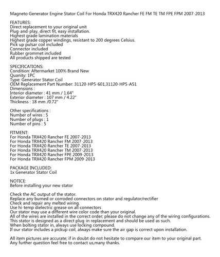 Alternador Estator Para Honda Trx420 Rancher Fe Fm 2007 2008 Foto 5