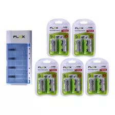 Kit Carregador De Bateria 9v + 10 Pilhas Flex Recarregáveis
