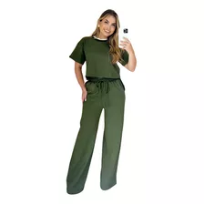 Conjunto Fashion Cropped Manguinha E Calça Pantalona Bolsos