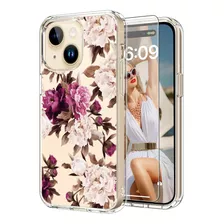 Funda Icedio, P/ iPhone 15, Diseño Flores Blancas Y Púrpuras