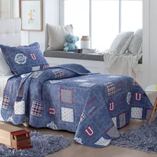 Colcha Infantil Teen Cobre Leito Solteiro 2 Peças Patchwork Cor Jeans