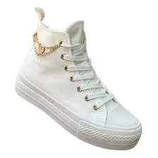 Zapatilla Mujer Urbana Lona Blanca Con Cadena Y Corazon