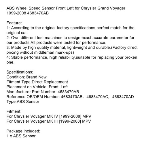 A Sensor Abs Delantero Izquierdo Para Chrysler Grand Voyager Foto 7