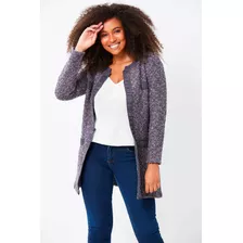 Casaco De Tricot Feminino Midi De Tweed Com Lapelas