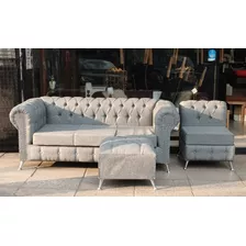 Sillón Chesterfield 3 Cuerpos En Chenille Gris Plata 