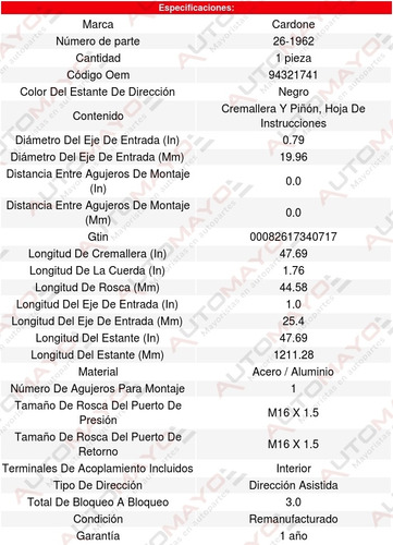 Cremallera Direccion Hidraulica Geo Storm Base 90-93 Cardone Foto 5