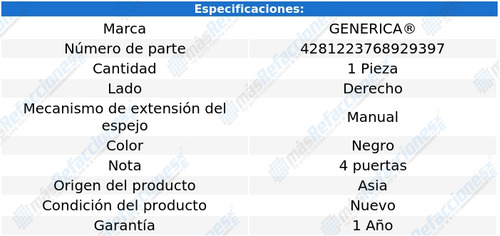 (1) Espejo Derecho Man Generica Silhouette Del 1997 Al 2004 Foto 2