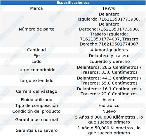 4 Amortiguadores Hidrulicos Plymouth Acclaim 89-94 Trw Foto 2