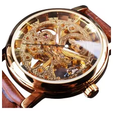 Reloj Dandy Clásico Mecánico Transparente Dorado Cuero!!!