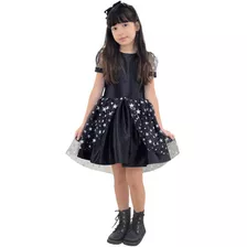 Vestido De Menina Preto Com Tule Sobre A Saia - 1 A 10 Anos