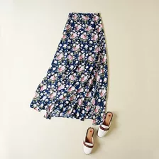 Saia Longa Estampa Floral Aberta Lateral Azul Preta H&m