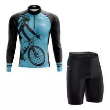 Kit Roupa Ciclismo Masculino Dry Fit Pro Tour Bike Azul Uv+