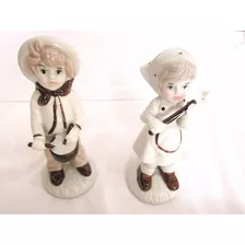 Antiguo Lote De 2 Niños Musicos De Porcelana Etiqueta Taiwan