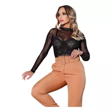 Blusa Feminina Manga Longa Tipo Body Tule Preto Frio