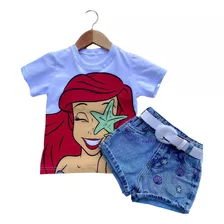 Conjunto Pequena Sereia Infantil T-shirt E Shorts Jeans Luxo