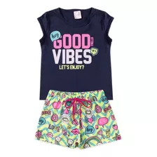 Conjunto Infantil Feminino Verao Good Vibes Marinho 