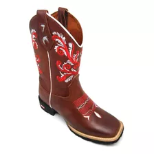 Bota Texana Tribal Vermelho E Branco Florão Tricolor Bordado