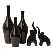 Casal De Elefante Estatua Ceramica Enfeite Casa Vasos Trio