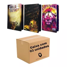 Box 03 Bíblias Sagrada Letra Gigante Capa Dura | Versão Arc | Capa Jovem Papel Reciclado - Feminina/masculina Linda Com Harpa Avivada E Corinhos