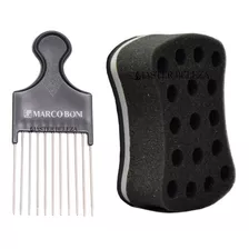 Kit Esponja Para Cabelos Afro + Pente Garfo Metal Marco Boni Cor Preto