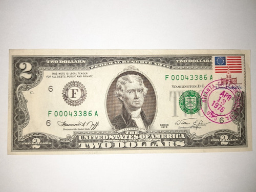 Billete De 2 Dólares Unc Bicentenario Certificad Serial Bajo