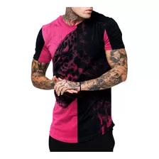 Camiseta Masculina Longline Oversized Rosa Preto Onça Animal