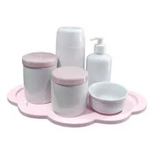 Kit Higiene Bandeja Nuvem Rosa Porcelana Branca Completo