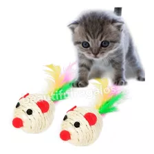 Raton Sisal X2 Con Sonido Pluma Juguete Para Gato Mascota 